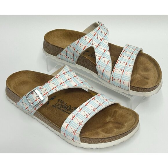 Birkenstock Birkis Anchor Print Sandals Slides Size 38 Women 7 Nautical Coastal - Picture 2 of 9